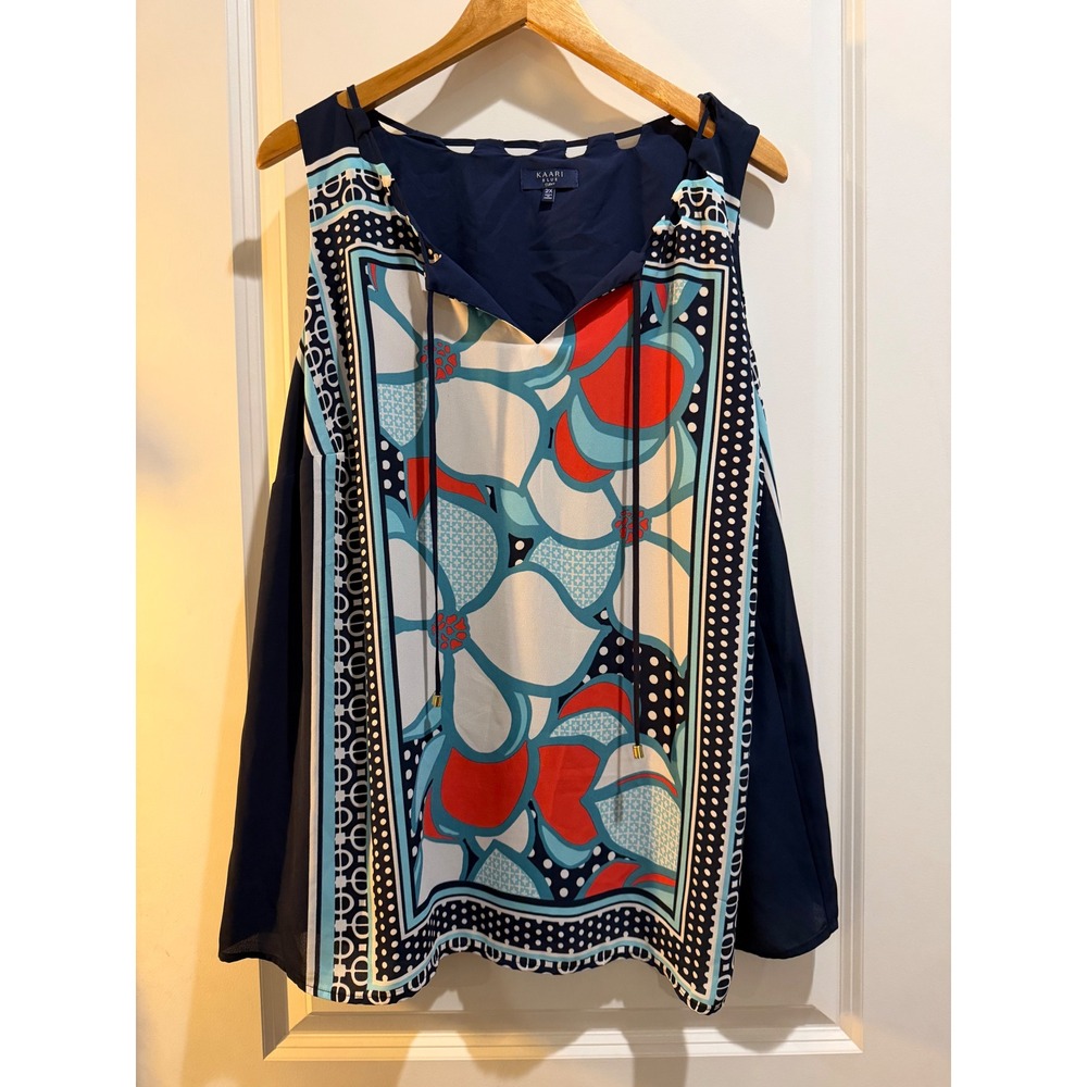Kaari Blue Curvy Sleeveless Blouse 2X Navy Floral Scarf Print Tie Neck Top